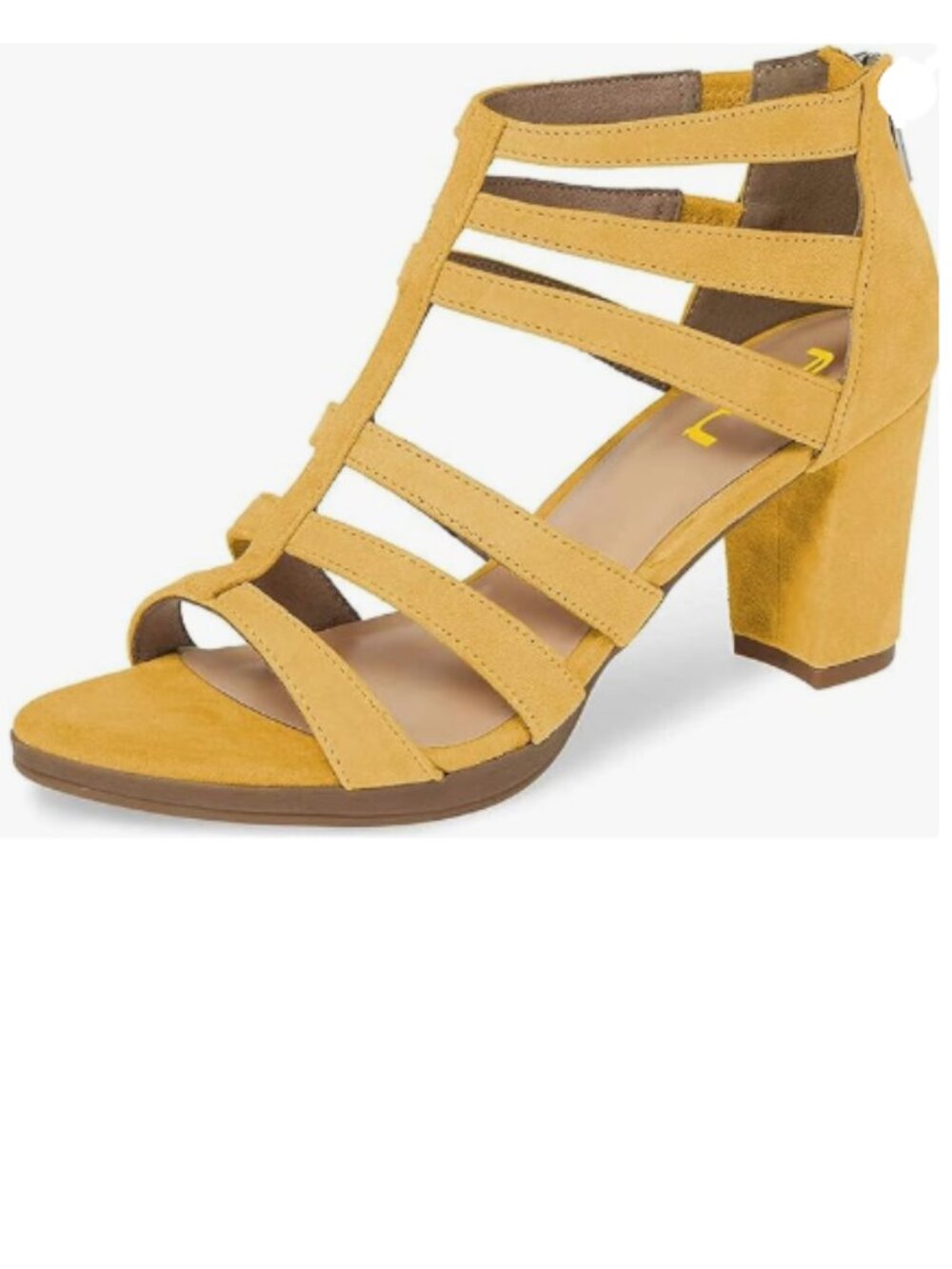 FSJ Yellow Chunky Mid High Heel Open Toe T-Strap Cutout Back Zipper Sandals